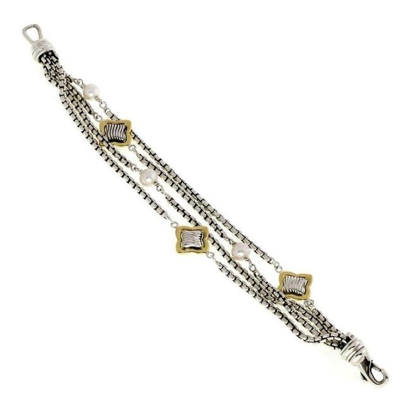 David Yurman Quatrefoil Pearls 925 Silver 18k Gold 4 Strand Chain Bracelet - Picture 5 of 7